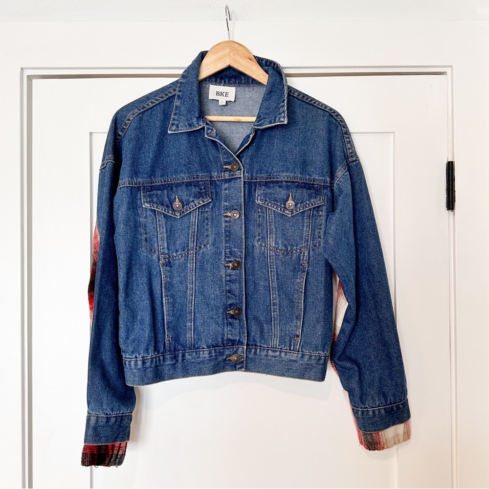 BKE Buckle Brushed Wool Blend Plaid Denim Jacket sz S - Picture 4 of 12